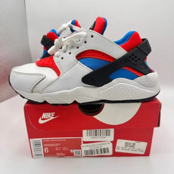NWT Nike Hurache Women’s Sneakers in White Bright Crimson / Photo Blue / Black