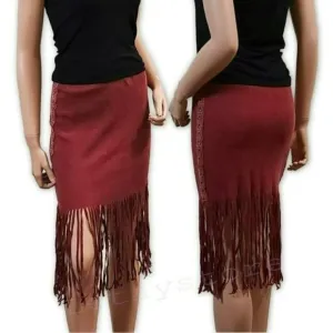 NWT POL Boho Ribbed Cotton Fringe Hem Lace Trim Midi Skirt
