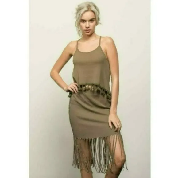 NWT POL Boho Ribbed Cotton Fringe Hem Lace Trim Midi Skirt