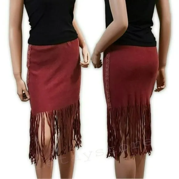 NWT POL Boho Ribbed Cotton Fringe Hem Lace Trim Midi Skirt