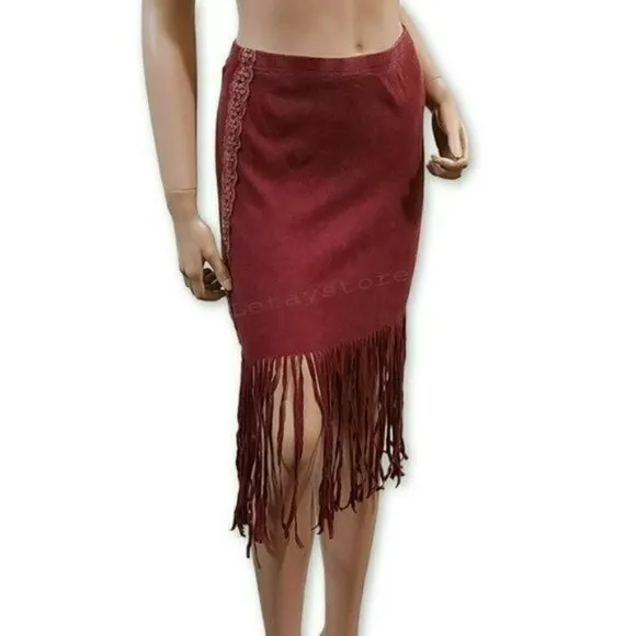 NWT POL Boho Ribbed Cotton Fringe Hem Lace Trim Midi Skirt