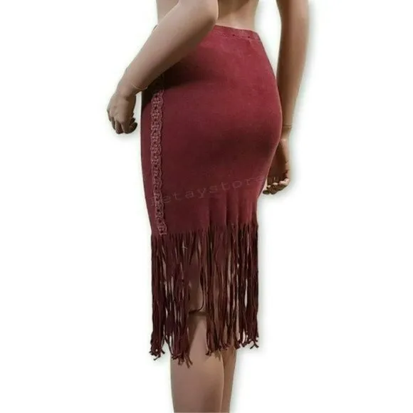NWT POL Boho Ribbed Cotton Fringe Hem Lace Trim Midi Skirt