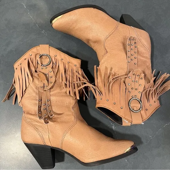 NWT Santa Fe Boot sz 8 tan leather fringed bling cowgirl boots