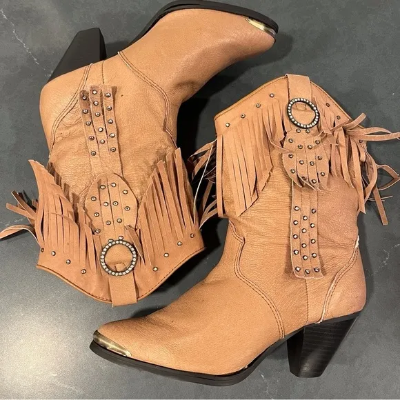 NWT Santa Fe Boot sz 8 tan leather fringed bling cowgirl boots