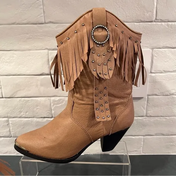 NWT Santa Fe Boot sz 8 tan leather fringed bling cowgirl boots