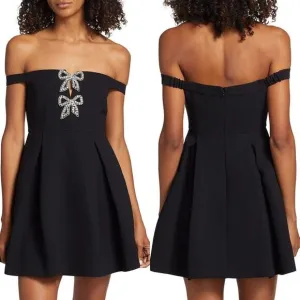 NWT Self-Portrait Diamante Bow Crepe Off-The-Shoulder Mini Dress US 4 $495