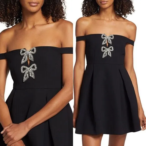 NWT Self-Portrait Diamante Bow Crepe Off-The-Shoulder Mini Dress US 4 $495