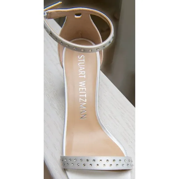 NWT Stuart Weitzman Nudistcurve 75 Block Shine Sandal White/Moonlight sz 8B