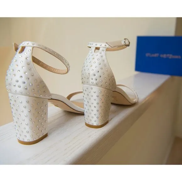 NWT Stuart Weitzman Nudistcurve 75 Block Shine Sandal White/Moonlight sz 8B