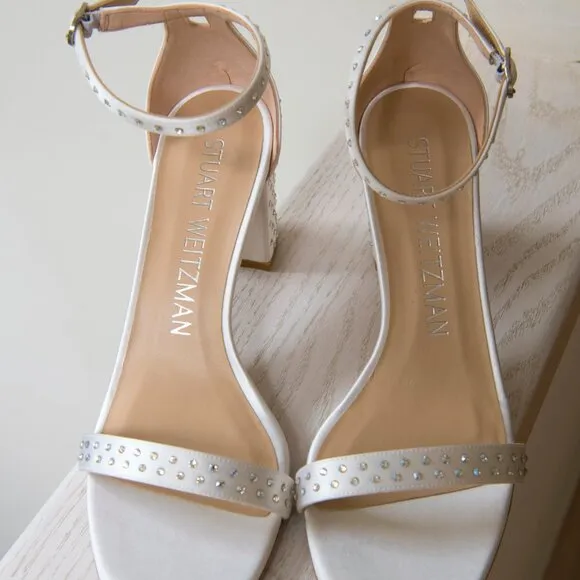 NWT Stuart Weitzman Nudistcurve 75 Block Shine Sandal White/Moonlight sz 8B