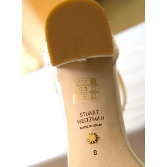 NWT Stuart Weitzman Nudistcurve 75 Block Shine Sandal White/Moonlight sz 8B