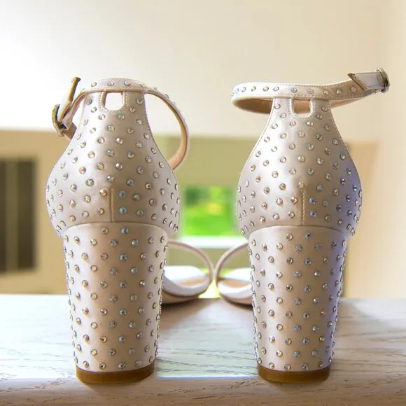 NWT Stuart Weitzman Nudistcurve 75 Block Shine Sandal White/Moonlight sz 8B