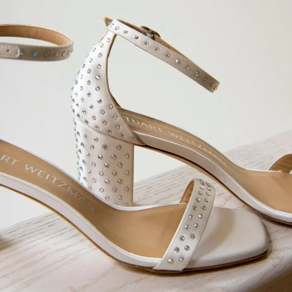 NWT Stuart Weitzman Nudistcurve 75 Block Shine Sandal White/Moonlight sz 8B