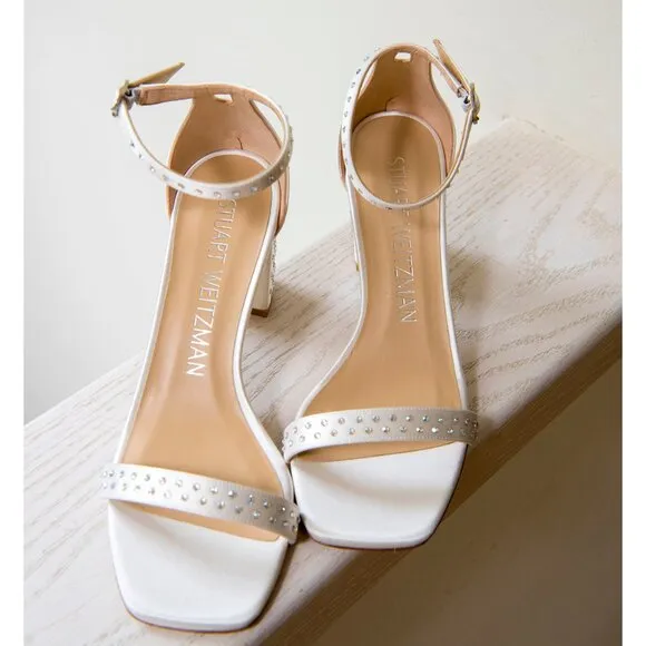NWT Stuart Weitzman Nudistcurve 75 Block Shine Sandal White/Moonlight sz 8B