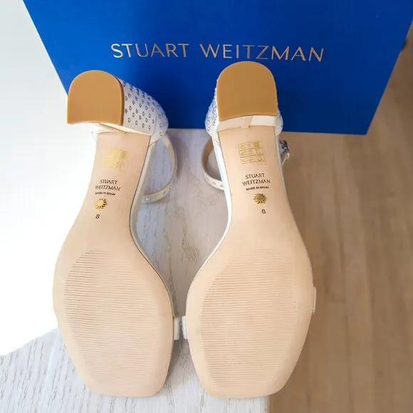 NWT Stuart Weitzman Nudistcurve 75 Block Shine Sandal White/Moonlight sz 8B