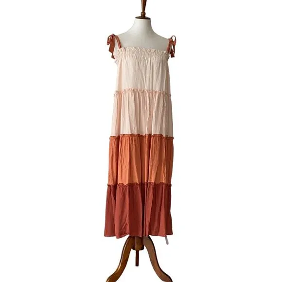 NWT Terra Cotta Colorblock Large Flowy Boho Dress Ruffle Tie Strap Midi Peachy