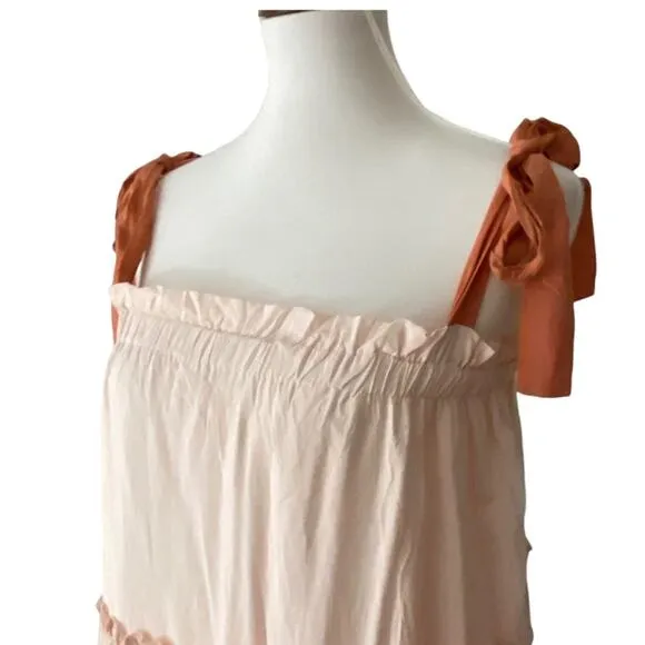 NWT Terra Cotta Colorblock Large Flowy Boho Dress Ruffle Tie Strap Midi Peachy