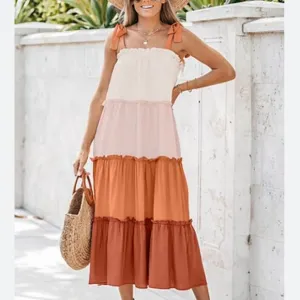 NWT Terra Cotta Colorblock Large Flowy Boho Dress Ruffle Tie Strap Midi Peachy