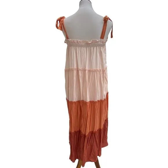 NWT Terra Cotta Colorblock Large Flowy Boho Dress Ruffle Tie Strap Midi Peachy