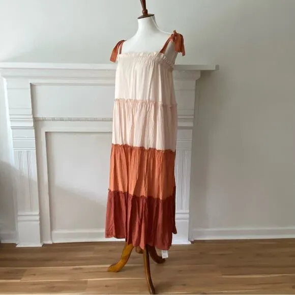 NWT Terra Cotta Colorblock Large Flowy Boho Dress Ruffle Tie Strap Midi Peachy