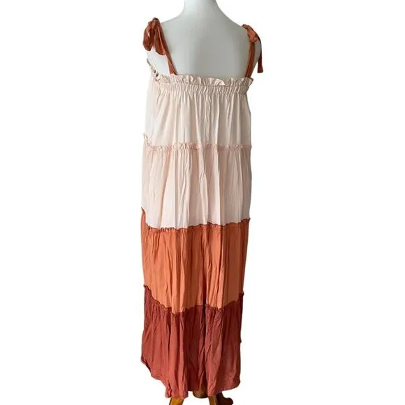 NWT Terra Cotta Colorblock Large Flowy Boho Dress Ruffle Tie Strap Midi Peachy