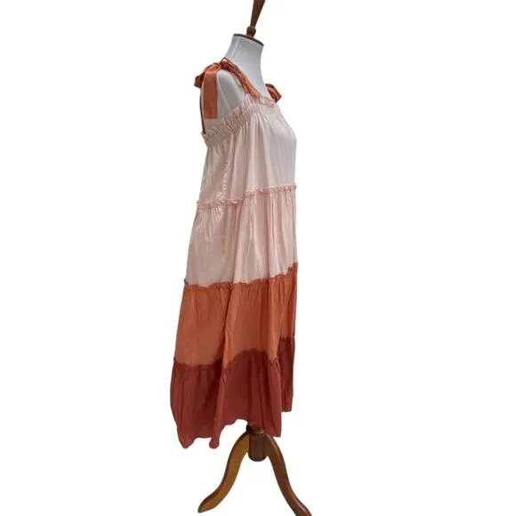 NWT Terra Cotta Colorblock Large Flowy Boho Dress Ruffle Tie Strap Midi Peachy