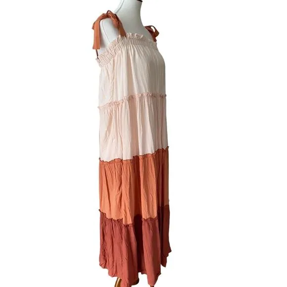 NWT Terra Cotta Colorblock Large Flowy Boho Dress Ruffle Tie Strap Midi Peachy