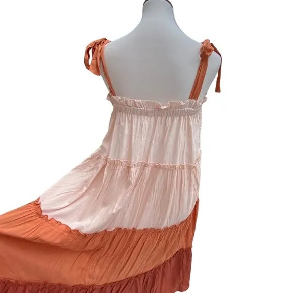NWT Terra Cotta Colorblock Large Flowy Boho Dress Ruffle Tie Strap Midi Peachy