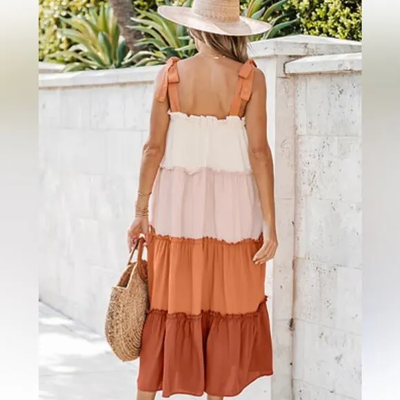 NWT Terra Cotta Colorblock Large Flowy Boho Dress Ruffle Tie Strap Midi Peachy