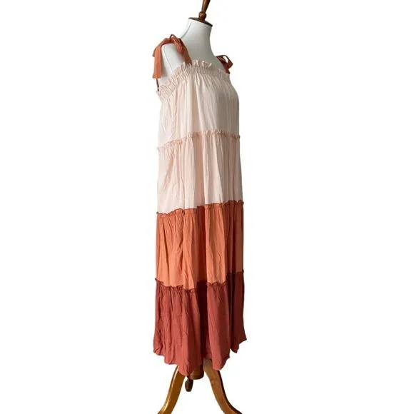 NWT Terra Cotta Colorblock Large Flowy Boho Dress Ruffle Tie Strap Midi Peachy