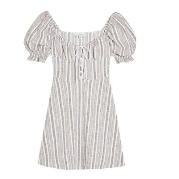 NWT Topshop Tie Front Balloon Sleeves Textured Stripe Mini Dress