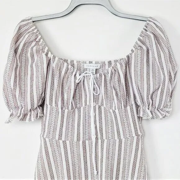 NWT Topshop Tie Front Balloon Sleeves Textured Stripe Mini Dress