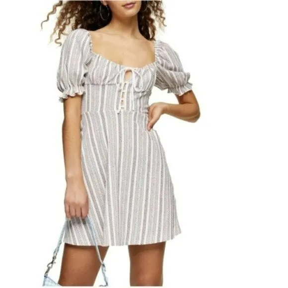 NWT Topshop Tie Front Balloon Sleeves Textured Stripe Mini Dress