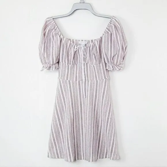 NWT Topshop Tie Front Balloon Sleeves Textured Stripe Mini Dress