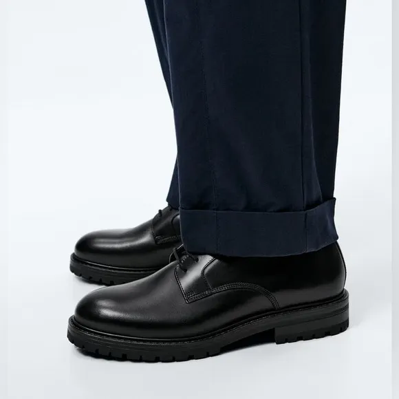 NWT. Zara Black Leather Thick Sole Laced Derby Shoes. Size 10.