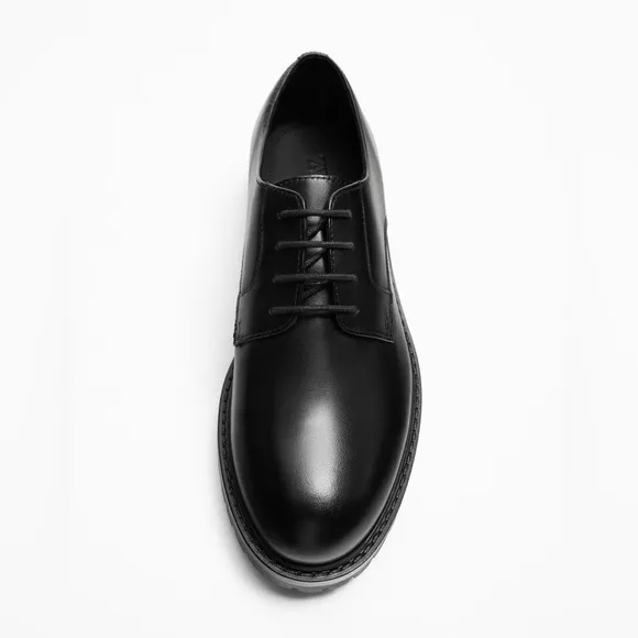 NWT. Zara Black Leather Thick Sole Laced Derby Shoes. Size 10.