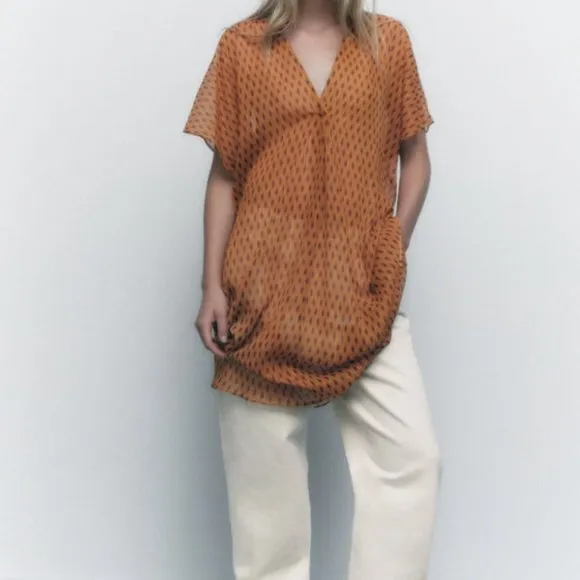NWT ZARA SHEER ORANGE V NECK TUNIC/ZARA DRESS TUNIC