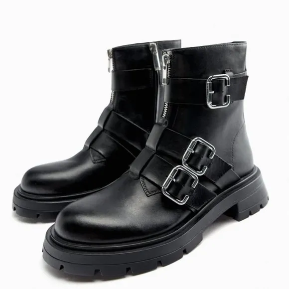 NWT Zara Studded Black Buckle Combat Boots
