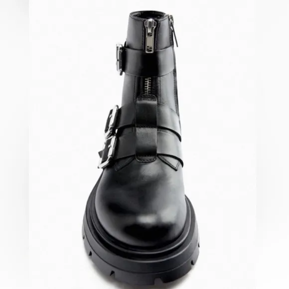 NWT Zara Studded Black Buckle Combat Boots