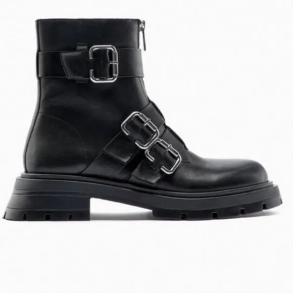 NWT Zara Studded Black Buckle Combat Boots