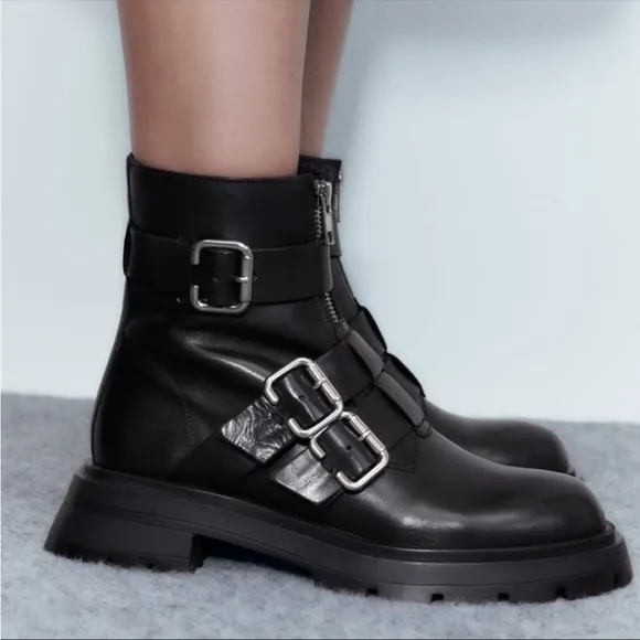 NWT Zara Studded Black Buckle Combat Boots