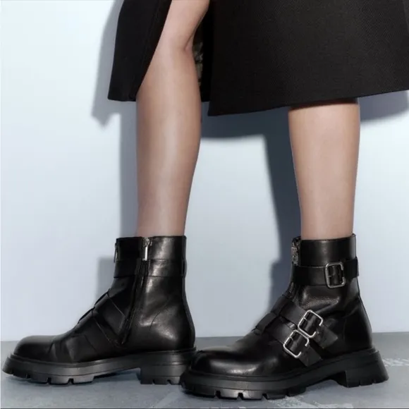 NWT Zara Studded Black Buckle Combat Boots