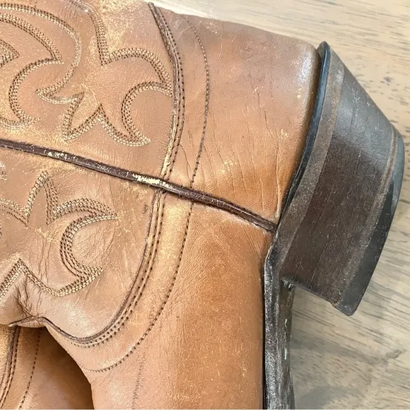 Olathe Men's 9 B Leather Cowboy Western Boots Brown Made in USA Vintage Tan