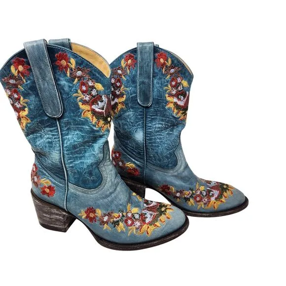 Old Gringo Anna Sui Lynn Blue Leather Embroidered Cowgirl Boots Western Size 6.5