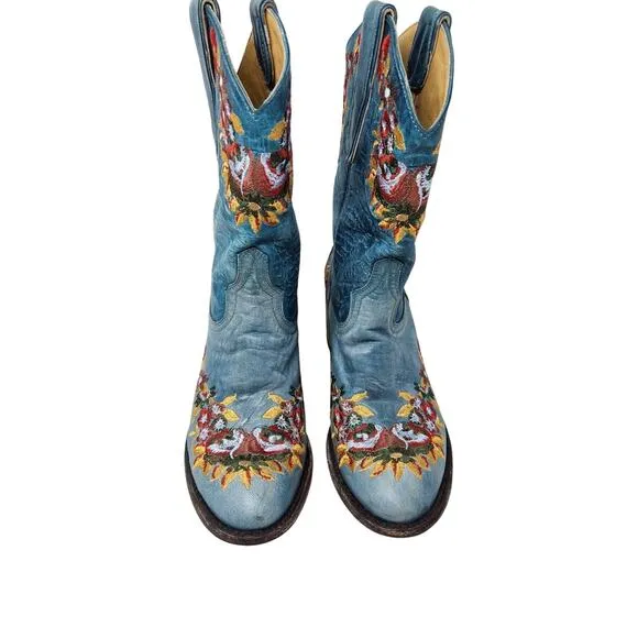 Old Gringo Anna Sui Lynn Blue Leather Embroidered Cowgirl Boots Western Size 6.5