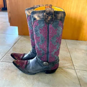 Old Gringo cowgirl boots style L1000, grey boots with purple raised stitching