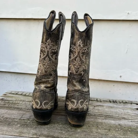 Old West Kids Vintage Charcoal with Fancy Embroidery Snip Toe Western Boots
