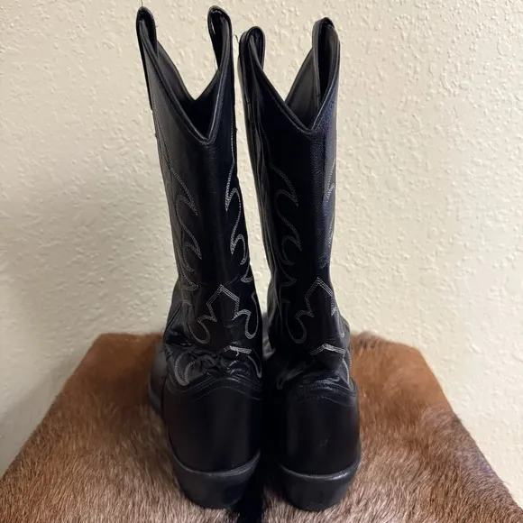 Old West Mens 9 EE Black Leather Round Toe Western Cowboy Boots Rodeo Farm Ranch