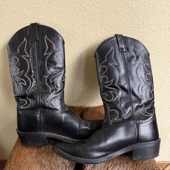 Old West Mens 9 EE Black Leather Round Toe Western Cowboy Boots Rodeo Farm Ranch