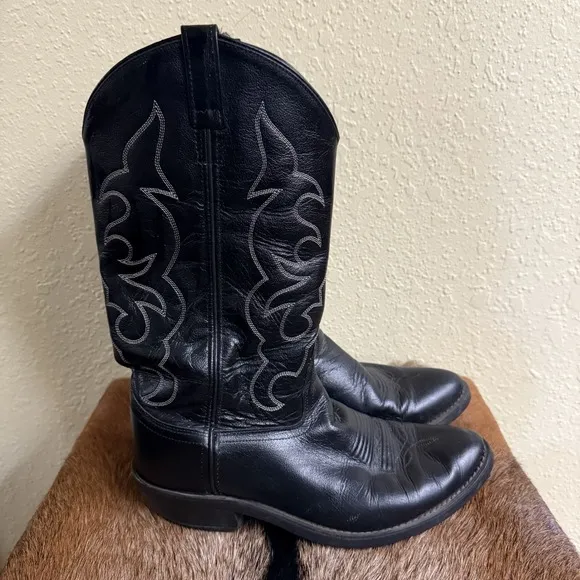 Old West Mens 9 EE Black Leather Round Toe Western Cowboy Boots Rodeo Farm Ranch